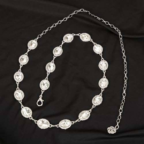 ILuvatar Green Glass Diamond Chain Belt - Metal Women's Western Style Dress Belt - color: White-8