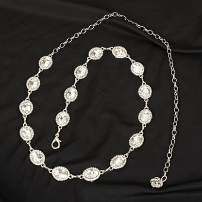 ILuvatar Green Glass Diamond Chain Belt - Metal Women's Western Style Dress Belt - color: White-8