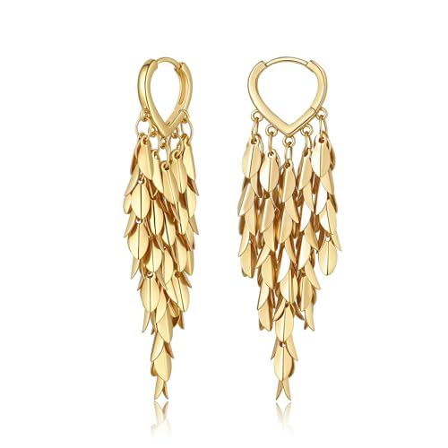 Sylph 14K 18K Gold Plated Chandelier Earrings for Women, Long Tassel Earring Huggie, Silver Leaf Dangle Drop Earrings, Dainty Bohemian Jewelry Gifts for Wedding Everyday Wear - color: A-14K Gold Plated Chandelier Earrings