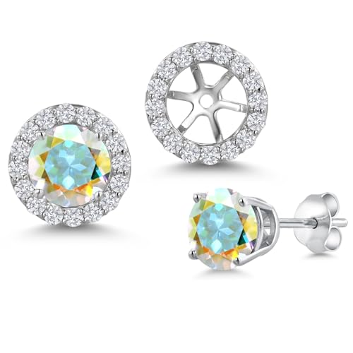 Gem Stone King 14K White Gold 6MM Round Gemstone Birthstone Stud Earrings with Removable Jackets and Lab Grown Diamond Accents | Gold Earrings For Women | Fine Jewelry Gift for Her Mom Women Wife - color: Mercury Mist Mystic Topaz