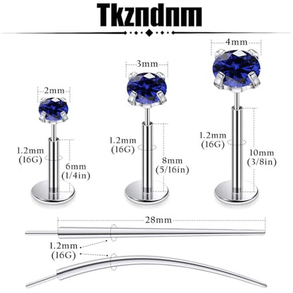 F136 Titanium 20/18/16G Earrings Nose Lip Rings Medusa Tragus Cartilage Helix Labret Flat Back Threadless Implant Grade Stud Piercing Jewelry for Women - color: Blue CZ, size: 16g*6/8/10mm*2/3/4mm