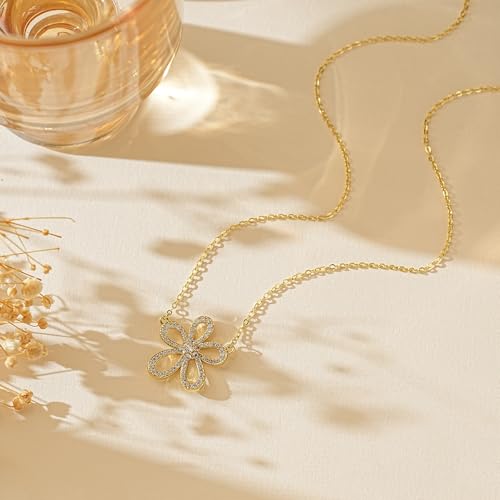 Gold Necklace for Women, Dainty 14K Gold Plated Pendant Necklaces for Women Trendy Simple Choker Chain Cubic Zirconia Circle/Interlocking/Sun/Pearl Necklace Fashion Jewelry Charm Gifts - color: CZ Flower