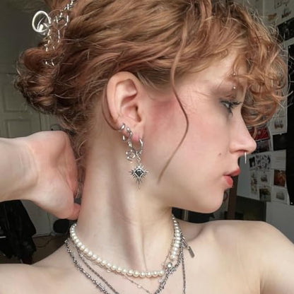 PUNKYOUTH Gothic Crest Dangle Drop Hoop Earrings Dark Alternative Piercing Jewelry 18G 1mm Antique Finish Ornate Scroll Cubic Zirconia Spike Statement Everyday Wear Accessories For Women Men - color: Winged Heartburst Earring-Silver
