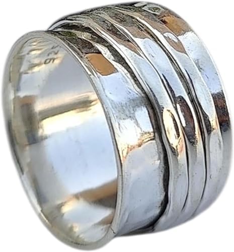 Pure Silver Hammered Spinner Thumb Band Ring Three Tone Spin Band Solid 925 Sterling Silver Meditation and Anxiety Band's