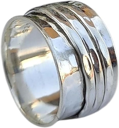 Pure Silver Hammered Spinner Thumb Band Ring Three Tone Spin Band Solid 925 Sterling Silver Meditation and Anxiety Band's
