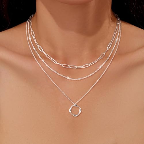CHESKY Layered Silver Necklace for Women Trendy,Dainty Silver Plated Stackable Charm Necklace Layering Paperclip Tennis Rope Chain CZ Pendant Jewelry Set Gifts - style: paperclip