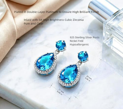 Drop Dangle Earrings Teardrop Gemstone Waterdrop White Gold Plated Crystal Hanging Cubic Zirconia Ruby Sapphire Emerald Jewelry Gift for Women Mother Wife - color: Blue