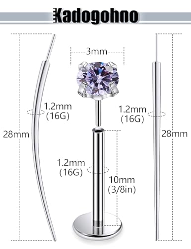 F136 Titanium 20/18/16g Internally Threaded Medusa Monroe Lip Ashley Labret Nose Rings Flat Back Tragus Helix Cartilage Conch Screw Stud Earrings Surgical Steel Piercing Jewelry for Women - color: Purple CZ, size: 16g*3/8in