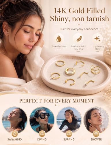 Besteel Nose Rings for Women 14K Gold Filled Hypoallergenic Nose Stud Hoops | 20G 316L Surgical Stainless Steel Double Nose Ring Cute Round CZ Heart L Shaped Nose Stud Dainty Nostril Piercing Jewelry - color: 14k gold plated