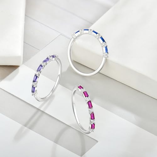 JO WISDOM 925 Sterling Silver Wedding Band for Women Thin Stacking Ring Half Cubic Zirconia Eternity Engagement Ring - color: 07-Jul-Ruby