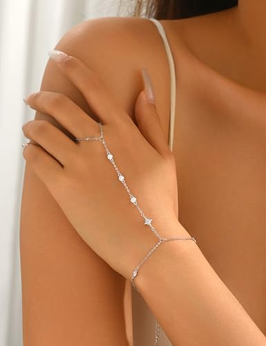 925 Sterling Silver Hand Chain Bracelet for Women | 14k Gold Plated CZ Crystal Heart Starburst Ring Bracelets Hand Chain Diamond Layered Stackable Link Chain Beach Jewelry Gifts - color: SilverB
