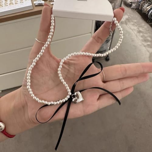 Pearl Ribbon Bow Choker Necklaces Y2k Coquette Necklace for Women - color: Black