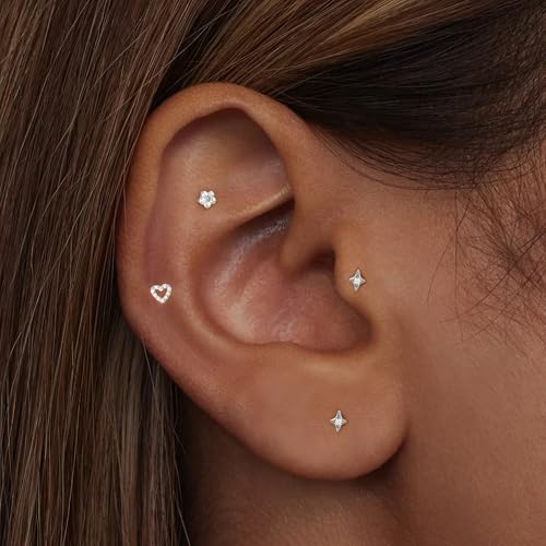 Flat Back Stud Cartilage Earrings Tragus Helix Piercing Jewelry Titanium | Conch Nose Piercing,Small Tiny Studs for Women,Threadless/Internally Threaded,Surgical Steel,Hypoallergenic,16G/18G/20G - color: Silver01-Star (6mm*2+8mm*1), size: Internally Threa