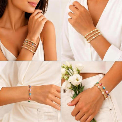 XUANPAI Evil Eye Bracelet for Women, 14K Gold Plated Beaded Bracelet Set | 5PCS Stackable Dainty Nazar Bracelet, Adjustable Turkish Eye Good Luck Protection Jewelry Gift for Mother’s Day Birthday - color: Multicolor