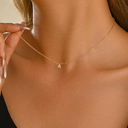 Small Letter Necklace for Women 18K Gold Plated Cubic Zirconia Tiny Initial Necklace Dainty Personalized Name Necklaces - color: A-Gold
