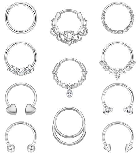 11PCS 16G Septum Rings Surgical Stainless Steel Septum Jewelry Hinged Clicker Segment Horseshoe Septum Piercing Gold Plated Daith Earrings for Women Men 8mm 10mm - color: Silver Tone