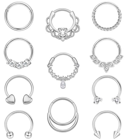 11PCS 16G Septum Rings Surgical Stainless Steel Septum Jewelry Hinged Clicker Segment Horseshoe Septum Piercing Gold Plated Daith Earrings for Women Men 8mm 10mm - color: Silver Tone
