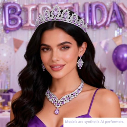 Kamirola Bridal Wedding Tiara Crown Jewelry Set for Women/Brides/Bridesmaids Crystal Jewelry Set for Wedding Prom Party Bridal Crystal Necklace Earrings Bracelet Set(TR60) - color: Silver Purple