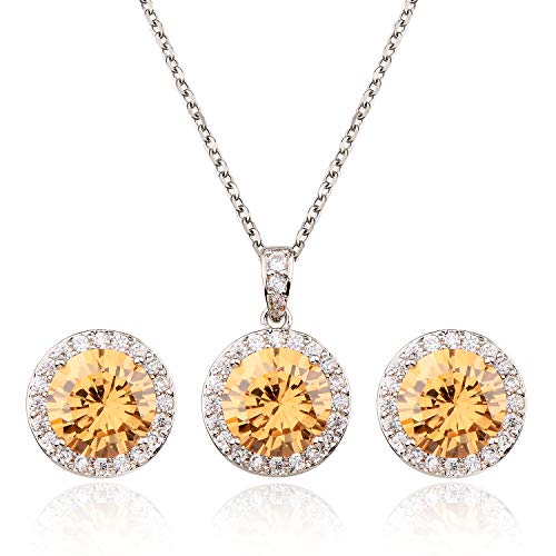 Bridal Crystal Jewelry Set - Sterling Silver Round Cubic Zirconia CZ Rhinestone Halo Birthstone Pendant Necklace Stud Earrings Set for Wedding Bride Bridesmaids Birthday Gift - color: Citrine Champagne
