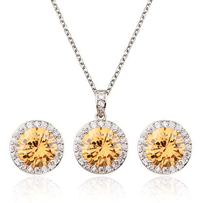 Bridal Crystal Jewelry Set - Sterling Silver Round Cubic Zirconia CZ Rhinestone Halo Birthstone Pendant Necklace Stud Earrings Set for Wedding Bride Bridesmaids Birthday Gift - color: Citrine Champagne