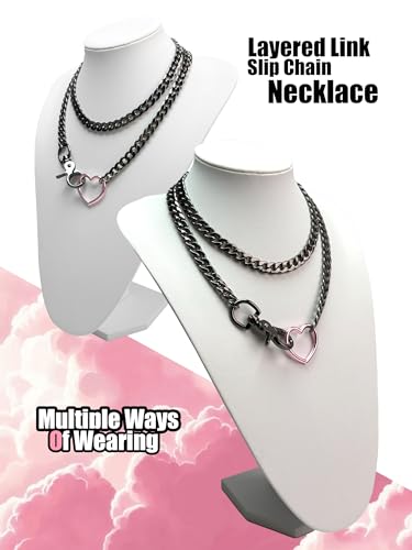 paloli Women's Slip Chain Rainbow Heart O-Ring Chunky Chain Necklace, Rays Cuban Long Layered Jewelry, Adjustable Lariat Y-Necklace Heart Loop Choker - color: G-Heart-Black-Pink