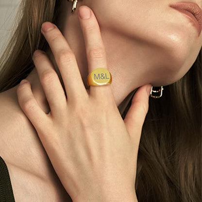 GoldChic Jewelry Personalized Signet Rings Men Women, Stainless Steel Custom Photo Bold Square/Oval Monogram/Old English Initial Pinky Stacking Statement Ring in Black/Silver/Gold (Size 7-14) - color: Gold-Customized -Round