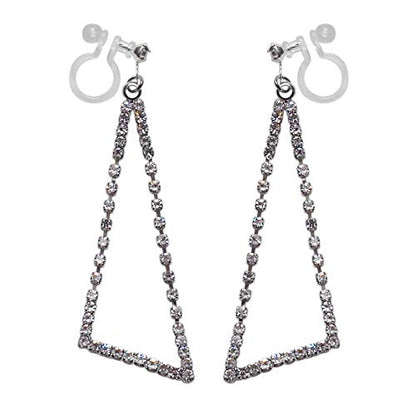 Dangle Silver Invisible Clip On Earrings for Women Not Pierced Gold Crystal Rhinestone Comfortable Hoop Fringe Long Chain Clip On Earrings - color: Triangle Silver
