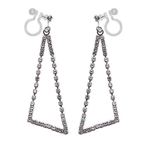 Dangle Silver Invisible Clip On Earrings for Women Not Pierced Gold Crystal Rhinestone Comfortable Hoop Fringe Long Chain Clip On Earrings - color: Triangle Silver