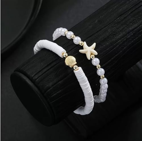 Faux Pearl Beaded Anklet Boho Starfish Soft Pottery Elastic Ankle Bracelets for Women Hawaiian Beach Vacation Surfing Ornament for Daughter Summer Waterproof Stretchy Stackable Anklet Gift 2PCS