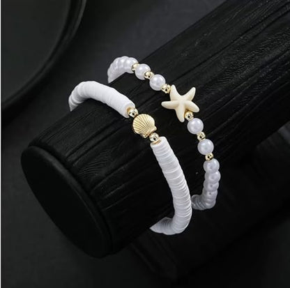 Faux Pearl Beaded Anklet Boho Starfish Soft Pottery Elastic Ankle Bracelets for Women Hawaiian Beach Vacation Surfing Ornament for Daughter Summer Waterproof Stretchy Stackable Anklet Gift 2PCS