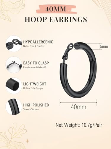 FaithHeart Silver/Black/Gold Stainless Steel Chunky Hoop Earrings for Women | Hypoallergenic Lightweight Hoop Earrings, Trendy Statement Thick Hoop, 20/30/40/50/60/70/80mm - color: Black, size: 40mm
