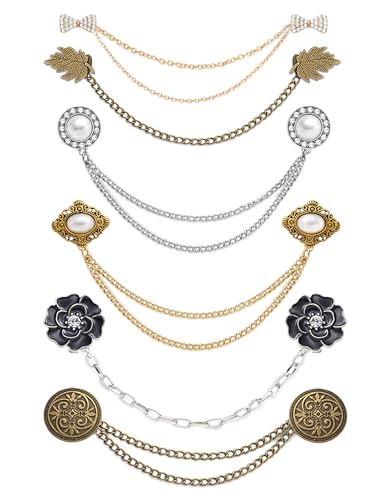 Vintage Sweater Shawl Chain Clips Antique Cardigan Collar Shirt Dress Brooch Clips with Chain Rose Bowknot Flower Leaf Pearl Cloak Lapel Pin Accessories For Women Men 6Pcs