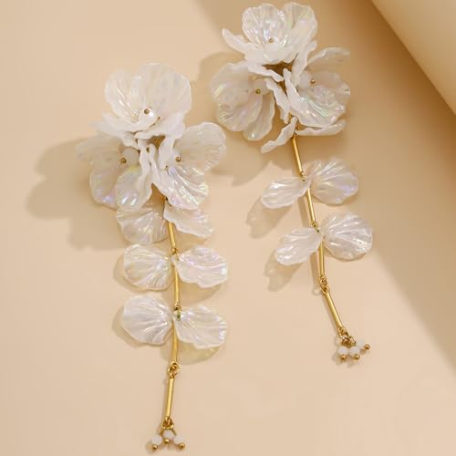 Fabric Flower Earrings for Women Colorful Long Tassel Floral Drop Earrings Fashion Boho Exaggerated Statement Beach Party Jewelry - color: acrylic white