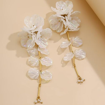 Fabric Flower Earrings for Women Colorful Long Tassel Floral Drop Earrings Fashion Boho Exaggerated Statement Beach Party Jewelry - color: acrylic white