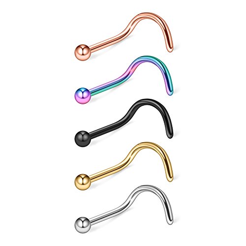 18G(1.0MM) 316L Surgical Steel Curved Nose Stud Ring Twister Screws with 2MM Ball Piercing Jewelry - color: 5PCS - Mix Color(Steel+Black+Gold+Rainow+Rose Gold)