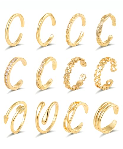 12PCS 18k Gold Plated Open Toe Rings CZ Wave Twist Arrow Celtic Knot Flower Heart Thin Band Ring Minimalist Vintage Retro Knuckle Finger Stacking Tail Ring Pack Summer Beach Foot Jewelry Set For Women Adjustable Gold Sliver Tone - color: A:Gold