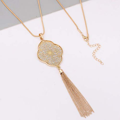 MOLOCH Long Necklaces For Woman Disk Circle Pendant Necklaces Tassel Fringe Necklace Set Statement Pendant - color: quatrefoil-shaped-gold