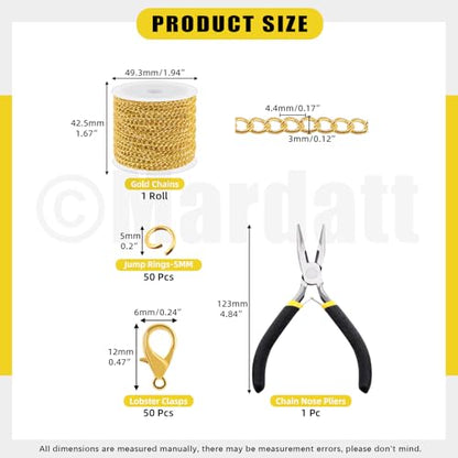 Mardatt 102Pcs Jewelry Making Kit, 10 Yards Necklace Chains with 50Pcs Open Jump Rings, 50Pcs Lobster Clasps, Chain Nose Pliers for DIY Necklace Bracelet Jewelry Making (Gold) - color: Gold
