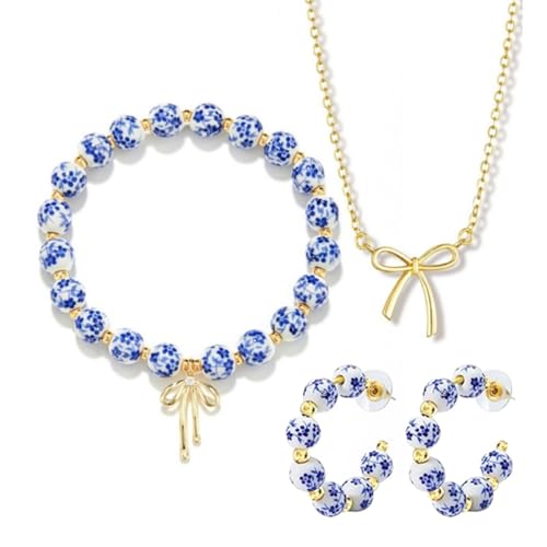 3PCS Bow Beaded Jewelry Set for Women Vintage Handmade Flower Blue And White Porcelain Enamel Ribbon Necklace Bracelet and Earrings Bow Christmas Birthday Holiday Charm Romantic Jewelry Gifts - style: Style C