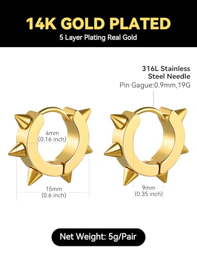 ChainsHouse Stud Earrings for Men Women,316L Stainless Steel/14K Gold/Black Plated Metal, Punk Hypoallergenic Surgical Huggie Hoop Earrings Mens Jewelry Piercing Hoop Earrings - style: D: Gold-Spike(1 Pair)