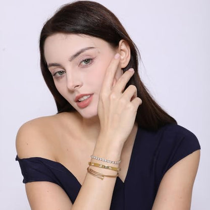 18K Gold Plated Stackable Love Bangle Bracelet Set for Women - 3 Pcs Stainless Steel Chain Bracelet Cubic Zirconia Tennis Bracelet Gold Bangle Set Gift for Wife - color: Tennis Bracelet Stack