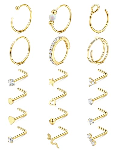 Jstyle Nose Rings for Women Men Surgical Steel Nose Hoops L Studs 18G/20G | Hypoallergenic Nostril Jewelry, Implant Grade Septum, Lip, Helix, Cartilage Piercing Jewelry with CZ, Opal, Snake Gold/Silver - color: 14K Gold, size: 18G