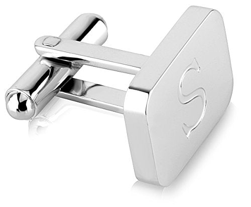 18K White-Gold Plated Initial Engraved Stainless Steel Men’s Cufflinks With Gift Box -Personalized Alphabet Letter’s A-Z By Lux & Pair - style: S- White Gold