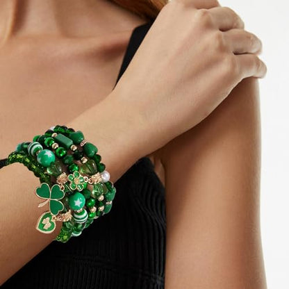 Boho Beaded Stretch Bracelets For Women Stackable Crystal Gold Plated Beaded Bracelets Set Trendy Handmade Friendship Braeclet Jewelry Gifts - color: Q-Lucky Green Set