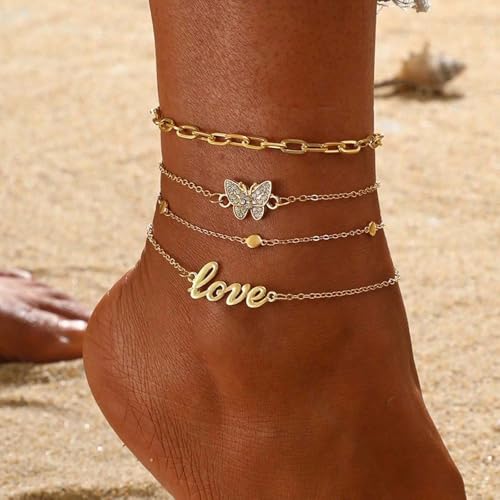Fesciory 14K Gold Plated Ankle Bracelets Sets For Women, Adjustable Layered Infinite Anklet, Summer Beach Butterfly Star Foot Chain Jewelry Gifts - style: Love(Gold)