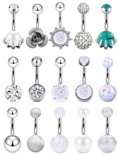 14G Dangle Belly Button Ring Piercing Jewelry 316L Stainless Surgical Steel Heart Flower CZ Reverse Navel Rings Dangling Belly Button Ring Piercing Jewelry for Women 14 Gauge Hypoallergenic - style: 15Pcs Silver