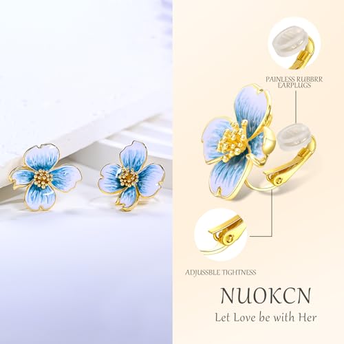 Clip on Earrings Women, 14K Gold Plated Earrings for Sensitive Ears, Fashion Women's Earrings Jewelry Birthday Gift for Wife Grandma Daughter Girls on Christmas Thanksgiving - color: Cherry Blossom Blue Gradient Color Earrings