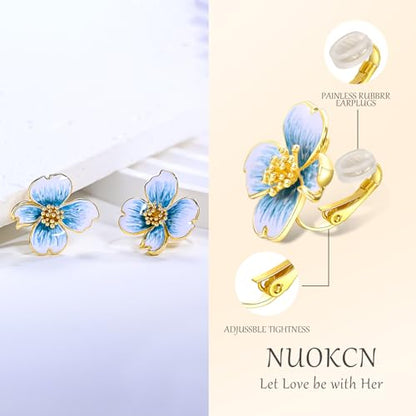 Clip on Earrings Women, 14K Gold Plated Earrings for Sensitive Ears, Fashion Women's Earrings Jewelry Birthday Gift for Wife Grandma Daughter Girls on Christmas Thanksgiving - color: Cherry Blossom Blue Gradient Color Earrings