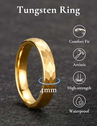 King Will Men's Tungsten Carbide Wedding Ring Hammered Groove Wedding Band Mens Two Tone Engagement Ring for Men and Women Matte Brushed Finish Comfort Fit - color: Gold 4mm