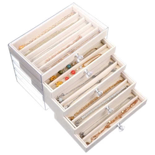 5-Drawer Necklace Organizer Box with Clear Acrylic & Velvet Lining, Beige Necklace Storage Box for Chains, Pendants, Stackable Dustproof Jewelry Holder(9.25 x 5.9 x 6.69 in)